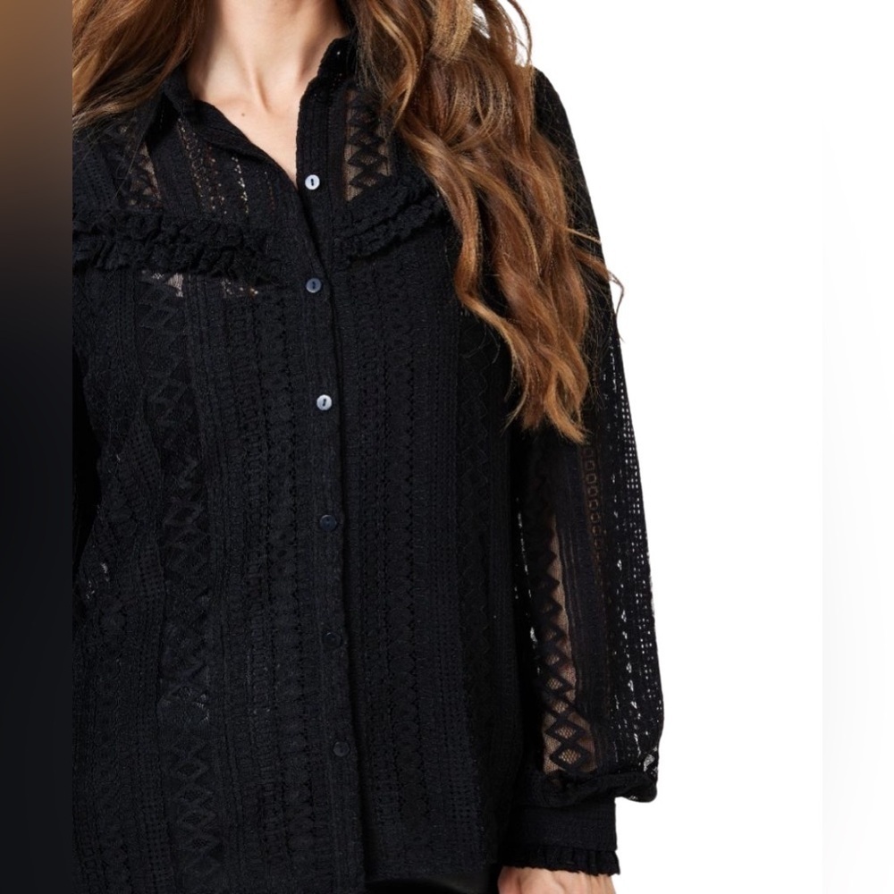 ESQUALO, Black Lace Button-Up Blouse, Stretch, Size US 12 - Picture 5 of 9